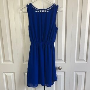 Monteau Royal Blue Sleeveless Dress with Unique Neckline and Sheer Skirt